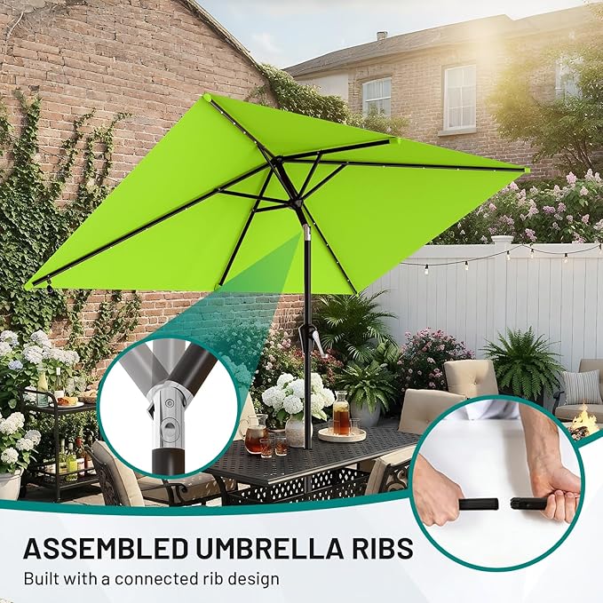 AreShark 6.5' x 10' Rectangular Patio Umbrella with Solar Lights, Solar Powered Lighted Market Umbrella w/Tilt and Crank, Outdoor Table Umbrella for Garden, Deck, Backyard, Pool, Apple Green