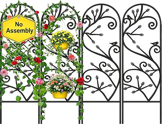Amagabeli 4 Pack 47x16in Rustic Iron Arch Decoration Garden Trellis with Black Metal Coating for Supporting Climbing Plants Outdoor, Roses, Vines, Flowers, Vegetables, Cucumbers, Clematis