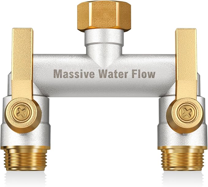 Hose Splitter 2 Way Heavy Duty, Full Flow Solid Brass Nickel Plated Garden Hose Splitter, Spigot Splitter Valve with Metal Handle, Outdoor Faucet Splitter, 3/4 - Inch Frost Resistant Hose Adapter