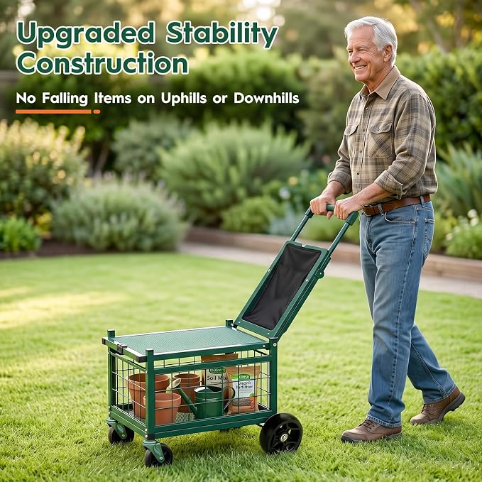 Rolling Garden Cart with Seat, Metal Garden Work Seat with 360° Swivel Wheels, Storage Basket, Workbench, and Tool Bag, Upgraded Heavy Duty Gardening Wagon and Stool for Seniors