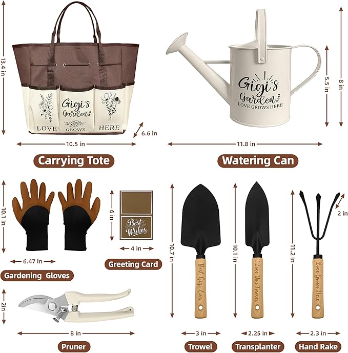 Gigi Gifts, Garden Kit Gifts for Gigi Mothers Day from Grandkids Gardening Tools and Durable Garden Tools Organizer Tote, Ideal Gardening Set for Women on Plant Lover Birthday Present Brown