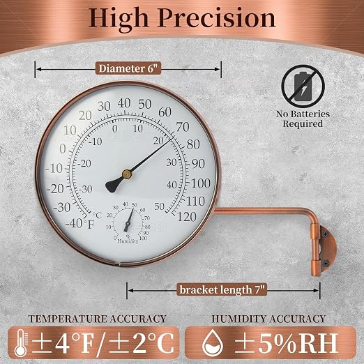 6 inch Outdoor Thermometer for Greenhouse, Garage and Patio. Weatherproof & Decorative Outside Temperature Gauge for Window, Antique Copper with Humidity (Easy-Read Brass Swivel Design)