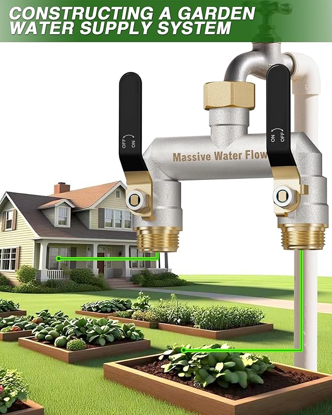 Hose Splitter 2 Way Heavy Duty, Garden Hose Splitter with 304 Stainless Steel Long Handle, Full Flow Brass Nickel Plated Water Hose T Spigot Splitter Adapter Connector, 3/4 - Inch GHT Thread (Black)