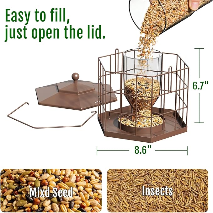 Birdream Squirrel Proof Bird Feeders for Outdoor Hanging, Metal Cage Bird Feeder with Rain Proof Covered for Wildbirds Bluebird Finches, Brown