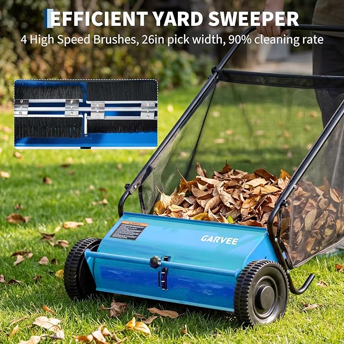 Push Lawn Sweeper 26in,Manual Push Leaf and Grass Sweeper,Heavy Duty Walk-Behind Lawn Sweeper,7ft³Removable Collection Bag,4 Rubber Wheels,Ideal for Garden, Park and Yard