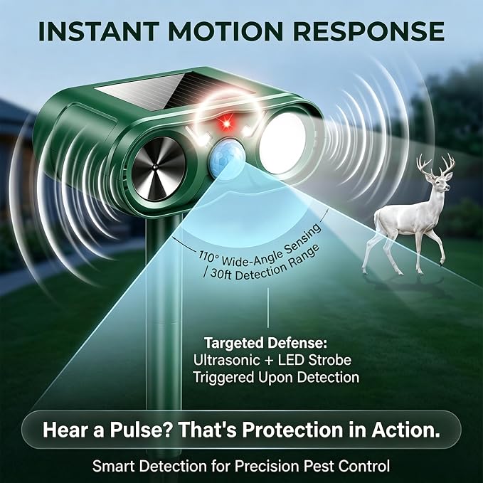 4Pack Upgraded Deer Repellent Devices Solar Ultrasonic Animal Repellent Outdoor with Motion Sensor Strobe Light for Squirrel Raccoon Rabbit Cat Deterrent Sonic Fortress Pro Keep Pests Out of Yard Farm