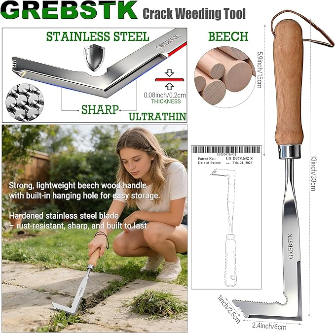 GREBSTK Crack Weeder Crevice Weeding Tool Manual Weeder Beech Handle Lawn Yard Gardening Tool