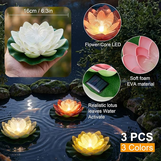 pearlstar Waterproof Floating Lotus Light - Solar Pond for Swimming Pool,Spa, Patio, Wedding Party, Christmas Decorations (3Pcs Lotus,Multicolor)