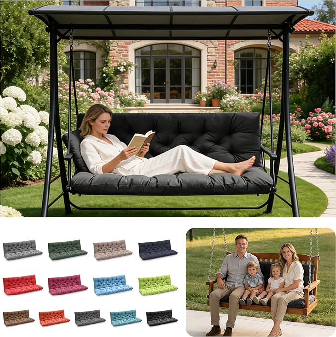 Porch Swing Cushions, Outdoor Swing Replacement Cushions 3 Seater with Backrest, Waterproof Bench Cushion with Ties,for Patio,Porch, Garden,Backyard