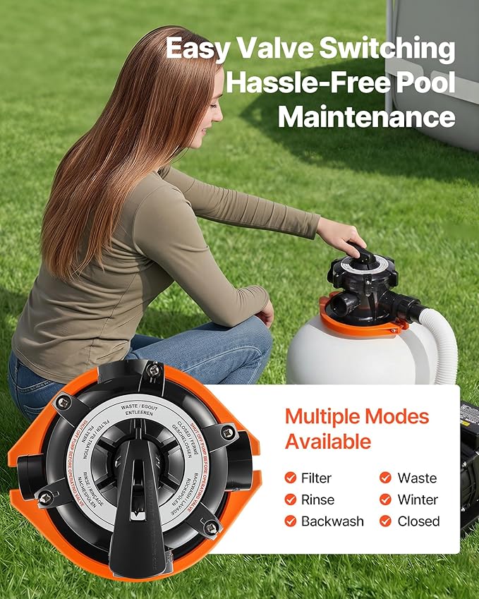 VEVOR 16 in Sand Filter Pump for Above Ground Pool, 0.75 HP 4400 GPH, Swimming Pool Sand Filter Pump with Pre-Assembled Core & Leak-Resistant Design, 6-Way Valve, High-Efficiency Filtration for Pools