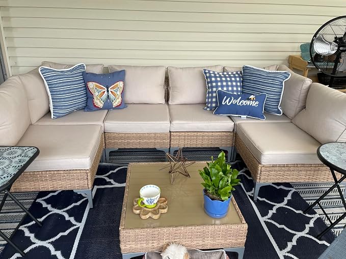 Outdoor Cushion Covers Replacement 14 Pcs Patio Cushion Covers fit for 7Pieces 6-Seater Wicker Rattan Sectional Couch Sofa Outdoor Cushion Slipcovers Set Seat and Back Cover Only, Tan