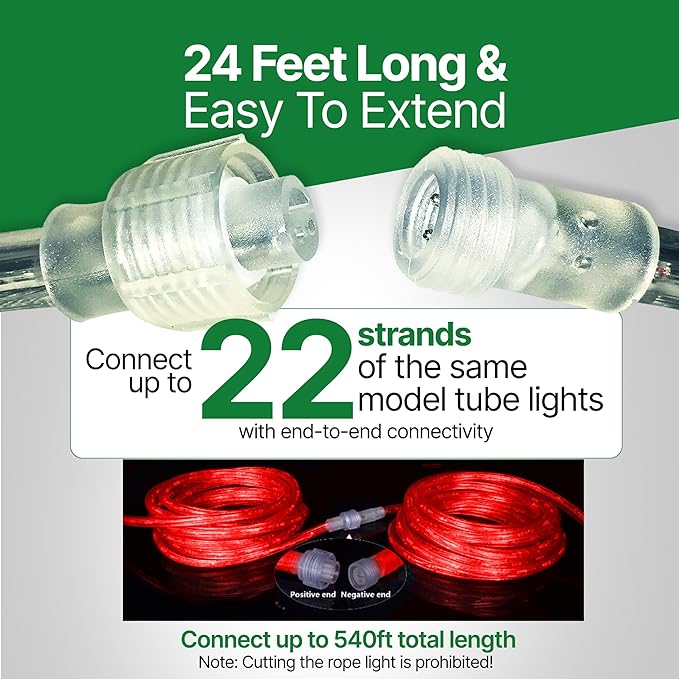 Tupkee LED Rope Light Red - for Indoor and Outdoor use, 24 Feet (7.3 m) - 10MM Diameter - 144 LED Long Life Bulbs Rope Tube Lights - Pack of 2
