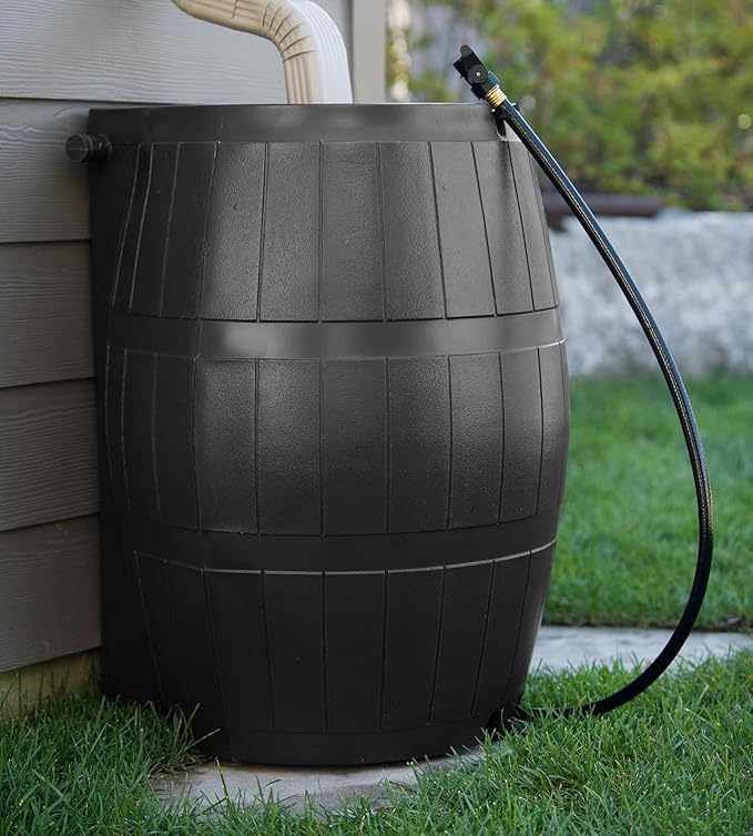 FCMP Outdoor Rain Barrel, Flat-Back Rainwater Catcher with Spigots, 50 Gallon, Black - Portable Water Storage Container Tank for Home, Garden, and Backyard