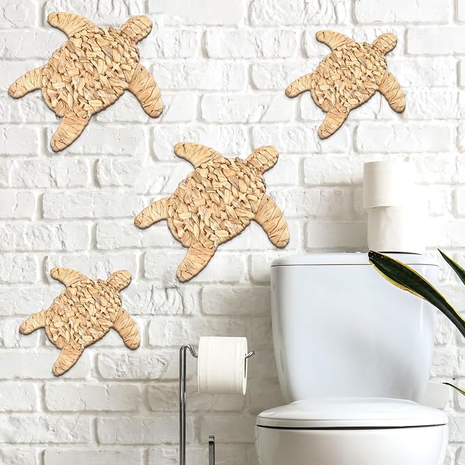 Threehoney 4 Pcs Sea Turtle Beach Theme Decor Handmade Wicker Turtle Wall Decor Sea Life Hanging Wall Art Coastal Nautical Sculpture Table Decoration for Boho Bathroom Indoor Outdoor Ornament