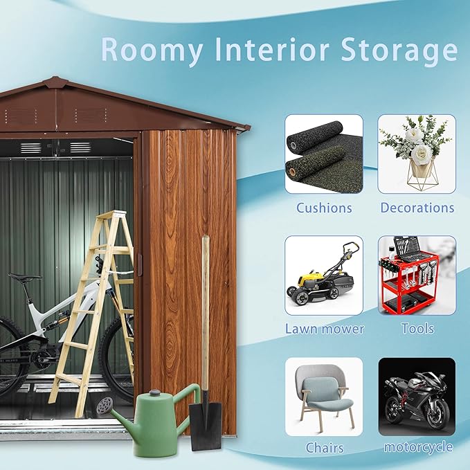 YOPTO 6×6 FT Outdoor Metal Storage Shed with Floor Base and Window,Heavy Duty Storage House Shed W/Integrated Punched Vents,Sliding Doors&Padlock,Rust Waterproof Tool Sheds for Garden,Backyard,Coffee