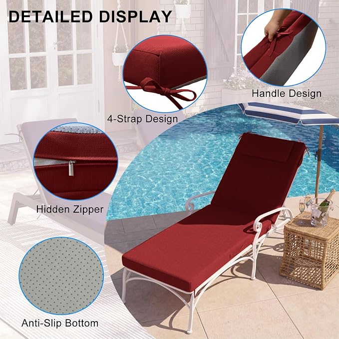 Outdoor Chaise Lounge Cushions, 72x21 Inch Olefin Water & Fade Resistant Pool Lounge Chair Cushions, Patio Sun Lounger Pad with Pillow & Straps for Patio, Pool, Deck, Lawn, Wine Red