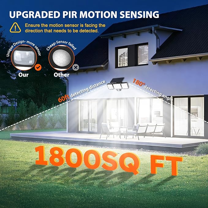 WdtPro 2025 Solar Lights Outdoor Flood Light, 3500LM Bright Motion Sensor Outdoor Lights, 3 Heads & Upgrade Glass Panel, LED Solar Powered Security Light Spotlights Waterproof for Outside Yard-2Pack