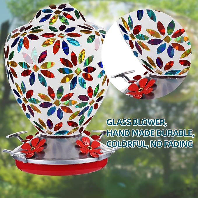 VOREEN Glass Mosaic Hummingbird Feeders, 35OZ with Ant Moat & 4 Feeding Ports, Hand Blown Glass Outdoor Hanging Porch Garden Backyard Decor, Mom Wife Friend'Gift, Flowers Design