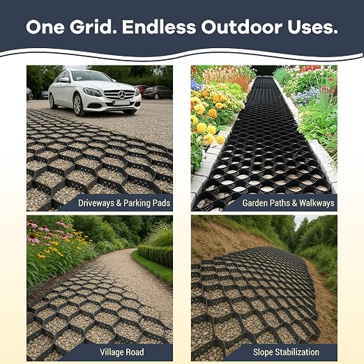 40FT Gravel Grid for Driveway –HDPE Geocell Ground Stabilizer, 1990 lbs/sq ft Load for Parking Pad, Sloped Yard & Paths – DIY Installation with 32 Stakes&40 Fasteners, Proper Base Preparation Required
