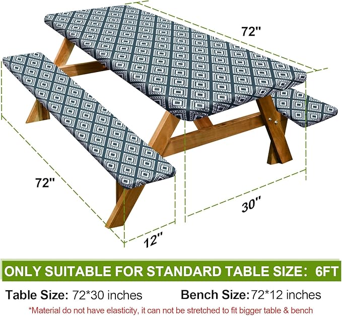 Play Tailor Picnic Table Cover with Bench Covers Camping Essentials Waterproof Windproof Camping Tablecloth with Drawstring Bag, Fitted Rectangle Tables and Seats, 72in, Blue Green Plaid
