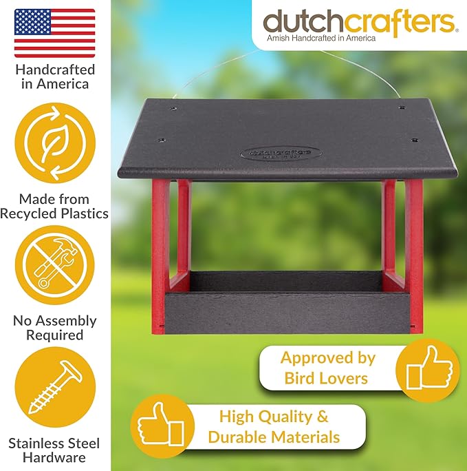 DutchCrafters Amish USA Made Recycled Plastic Large Hanging Modern Fly Through Covered Roof Open Platform Tray Bird Feeder for Outdoors, Garden, Yard (Black & Red)