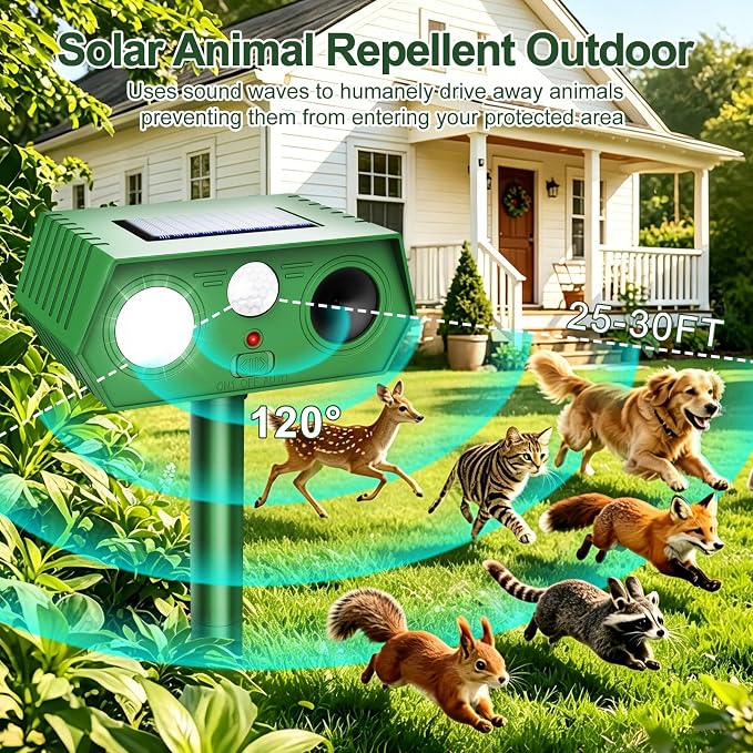 4 Pack 2026 Upgraded Solar Ultrasonic Animal Repellent Outdoor, Deer Repellent Devices Waterproof, Motion Activated Cat Repellent Outdoor, Squirrel Raccoon Skunk Rabbit Dog Bird Deterrents for Yard