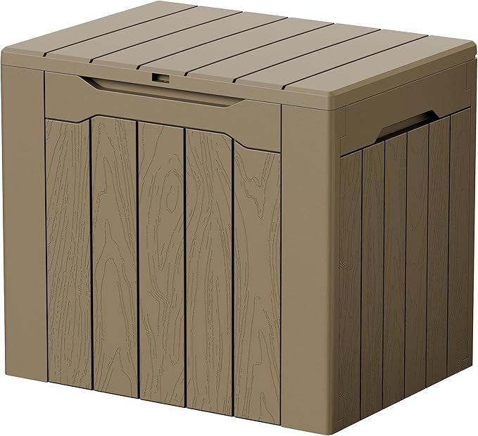 Devoko 29 Gallon Waterproof Outdoor Storage Box Resin Deck Box Lockable and UV Resistant for Patio Furniture, Garden Tools (Light Brown, 29 Gallon)