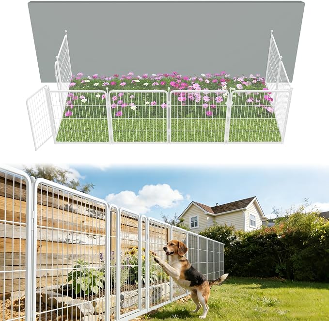 FXW Garden Fence Outdoor for the Yard – 32in(H) x 18.2ft(L) Heavy Duty Metal Animal Barrier for Dog, No Dig Decorative Dog Fence, 8 Panels, White