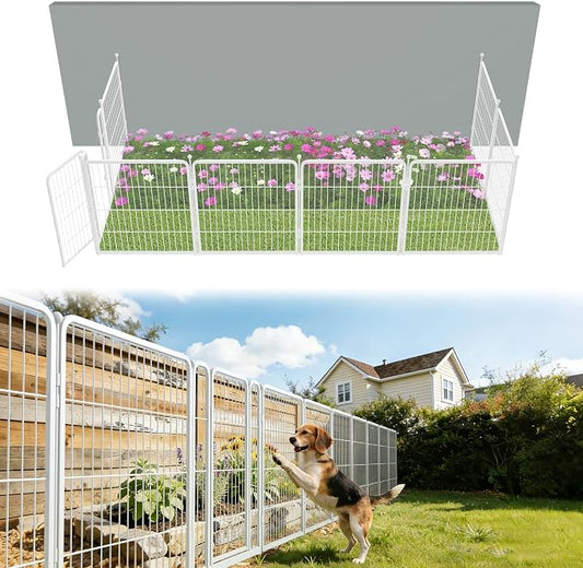 FXW Garden Fence Outdoor for the Yard – 32in(H) x 18.2ft(L) Heavy Duty Metal Animal Barrier for Dog, No Dig Decorative Dog Fence, 8 Panels, White