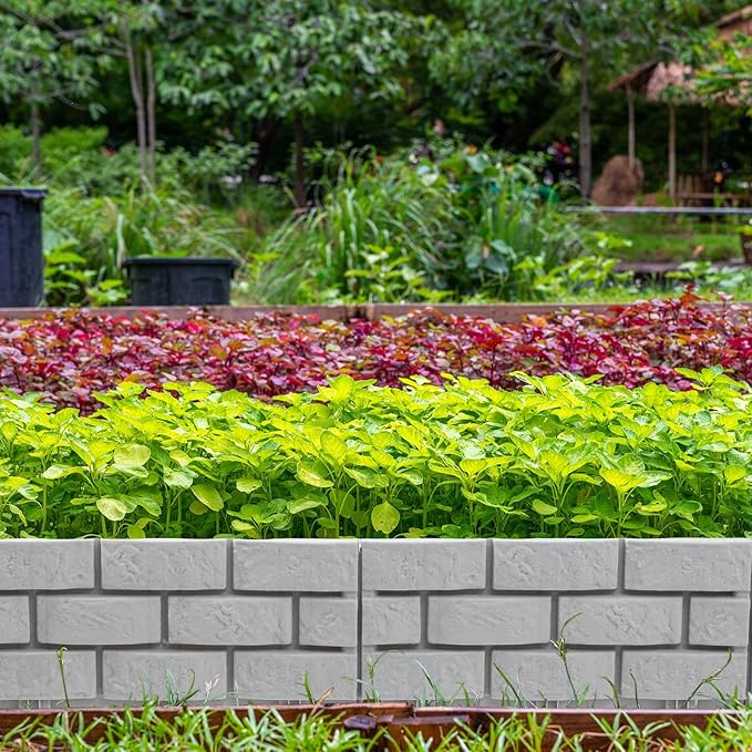 Landical 8 Pcs Imitation Stone Garden Fence, Faux Stone Retaining Wall Look Garden Bricks Border with Ground Stakes, 17.3 x 12.6 in Gray Plastic Edging Blocks for Flower Beds, Lawn, Mulch (Gray)