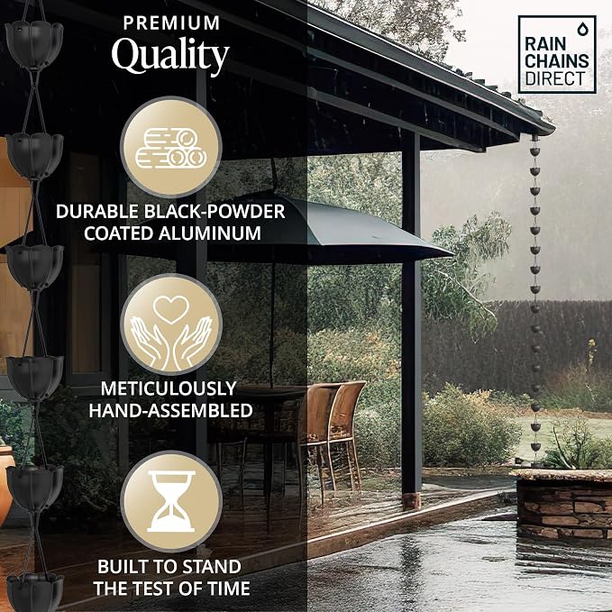 Rain Chains Direct - Tulip Rain Chain - 8.5 FT - Black Powder Coated Aluminum - Premium Rain Chains for Gutters