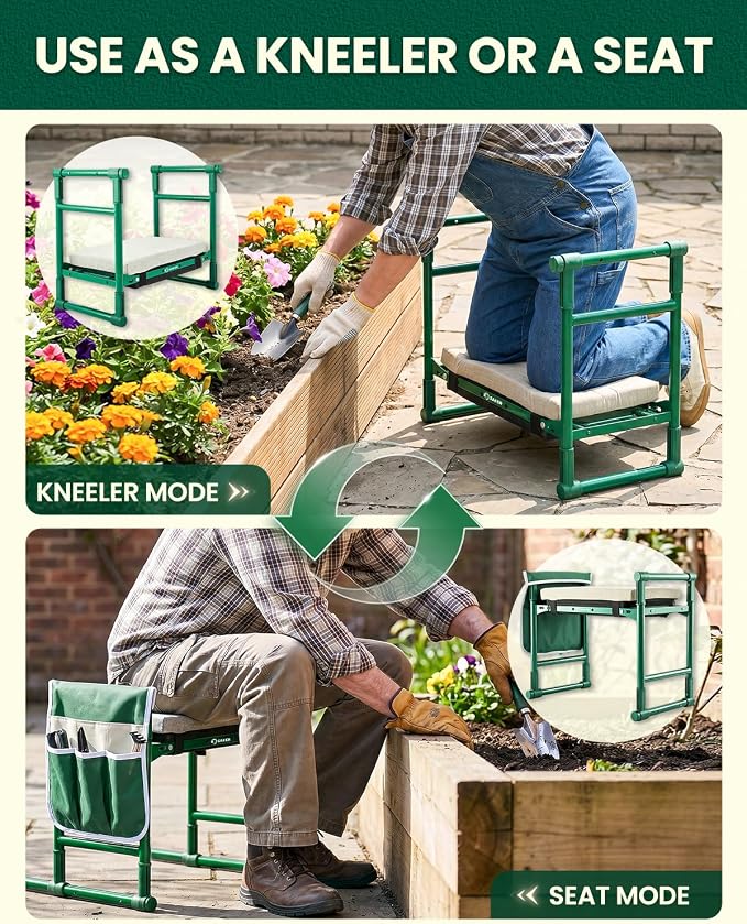Saker 2026 Upgraded Garden Kneeler and Seat - Gardening Bench Gardening Stool with 500LB Heavy Duty Round-Tube Frame, Soft Kneeling Pad Foldable Support for Elderly, Gardening (Luxury Version)