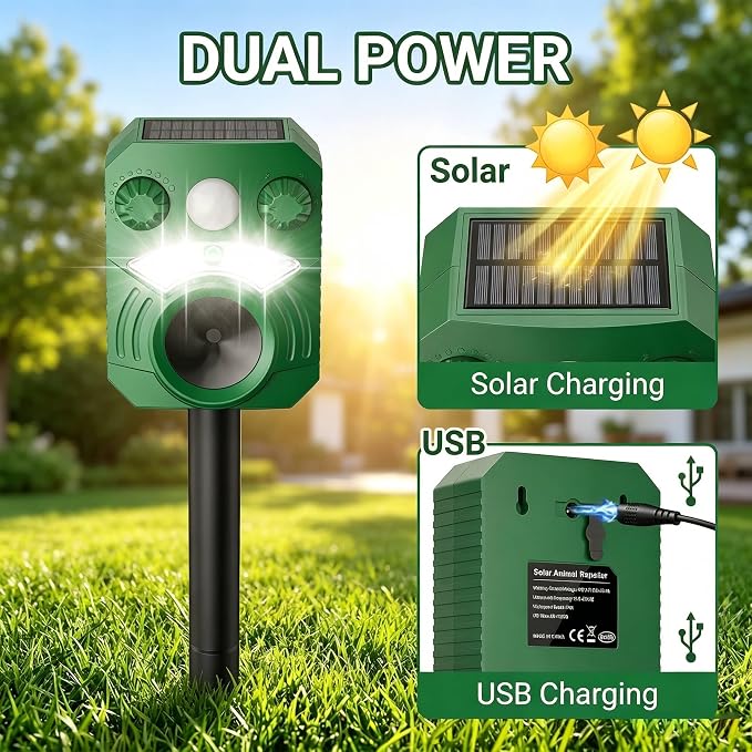 Cat Repellent Outdoor Deer Repellent Device Dog Repeller Solar Animal Repellent Ultrasonic Squirrel Repeller Waterproof with Flashing Light Motion Activated Sensor 2 Pack