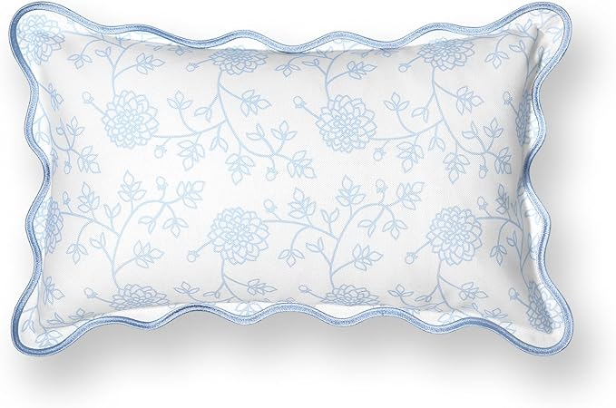 Hofdeco Premium Coastal Patio Indoor Outdoor Scalloped Lumbar Pillow Cover Only, 12"x20" Water Repellent for Backyard, Couch, Baby Blue Print Dahlia Floral