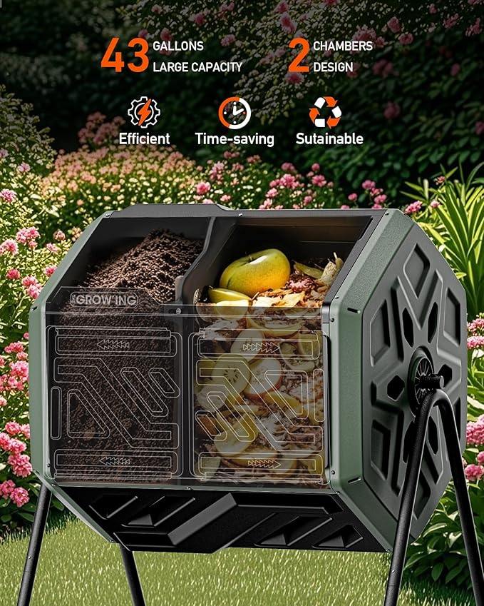 THEGROW'ING 43 Gallon Dual Chamber Compost Bin with Built-in Nuts, Outdoor Rotating Composter Tumbler for Garden Backyard, Green