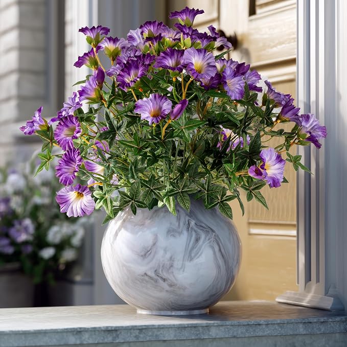 Dark Purple Artificial Morning Glory Flowers for Outdoor Planters, Premium UV Resistant Silk Faux Flowers for Porch, Hanging Basket & Window Box, Elegant Garden Decor, No Pot, 13.3 Inch, 4 Bundles