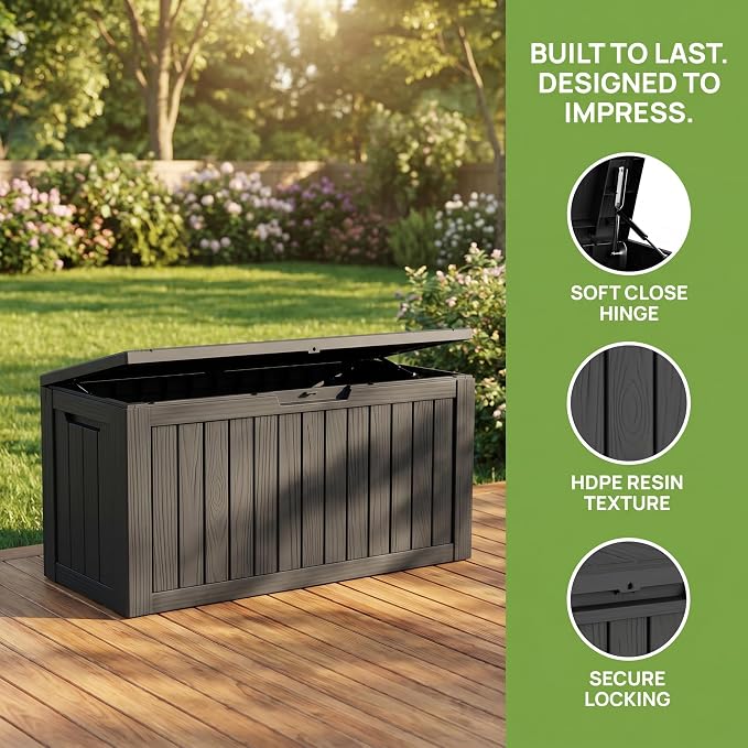 80 Gallon Deck Box, Waterproof Resin Outdoor Storage Box Lockable for Patio Furniture, Fade Resistant Patio Side Table & Organizer for Garden Tools, Pool Floats, Outdoor Cushions, Black