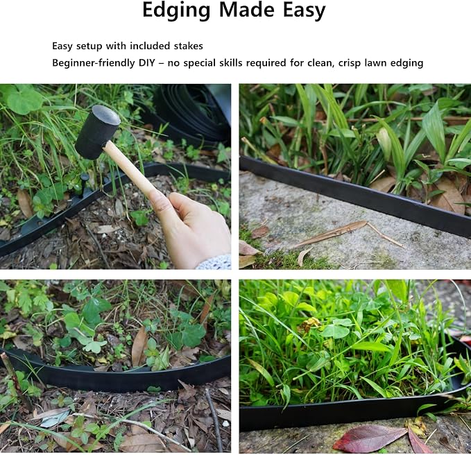 A ANLEOLIFE 60FT Plastic Landscape Edging, 2" Tall No-Dig Black Garden Border with 72 Spikes, Heavy-Duty Flexible Lawn Coil, Grass Barrier & Easy Install