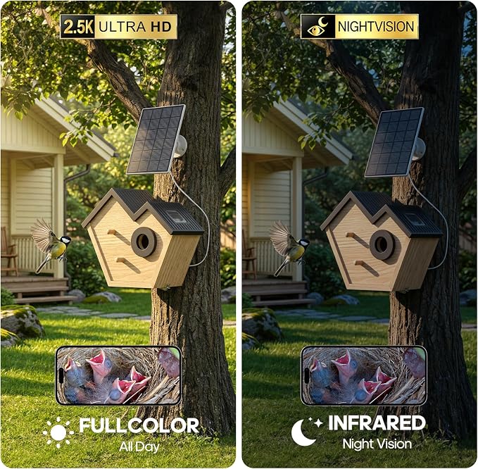 Wooden Bird House with Camera, 2K HD WiFi Smart Bird Feeder with AI Identify Birds Species & LED Light, Instant Alerts with Solar Powered Wireless Outdoor Birdhouse, Gifts for Bird Lovers