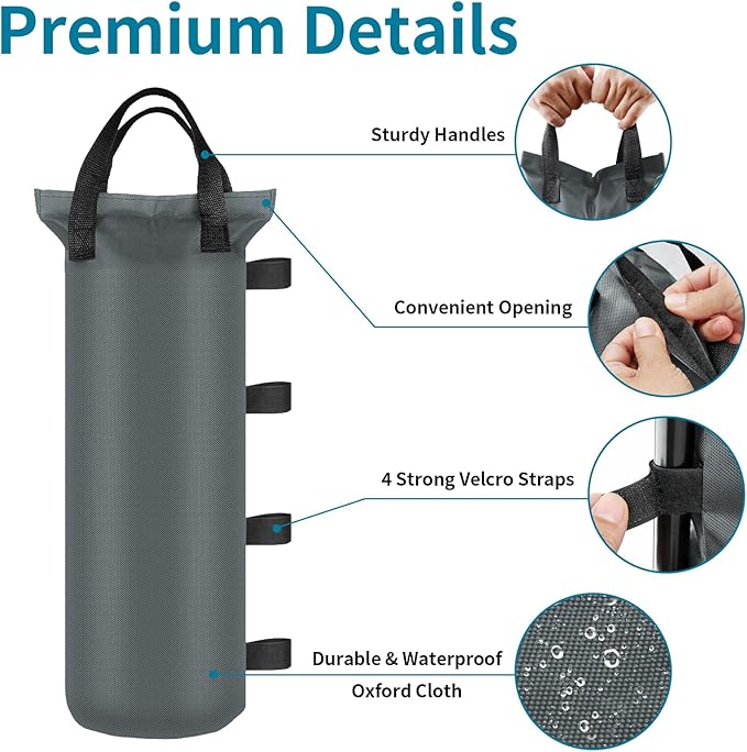4 Sand Bags for Weight, Heavy Duty Sandbags for Canopy Legs, Extra Large Pop Up Tent Weights, Canopy Weight Bags for Gazebo, Outdoor Sun Shelter, Umbrella - Gray, 6"×20", Without Sand