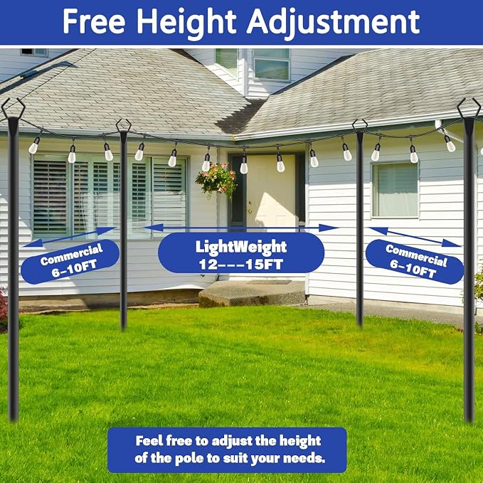 10 Pack 10 ft Heavy Duty Metal String Light Poles Adjustable Outdoor Lighting Stand for Patio,Backyard,Garden,Party & Wedding Rustproof & Sturdy with Hooks