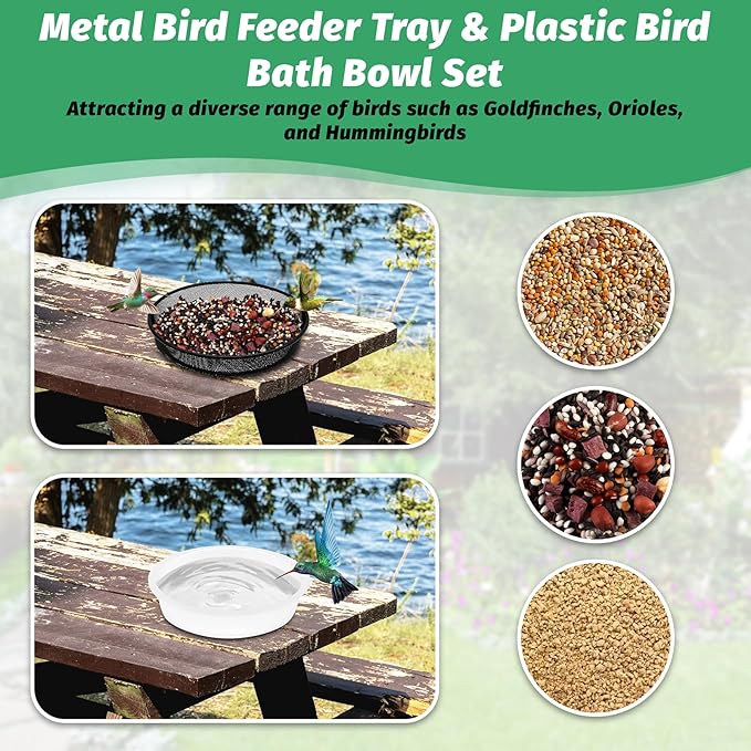 4 Pcs 7 Inch Metal Round Bird Feeder Tray and Plastic Bird Bath Bowl, Wild Birds Seed Tray Bath Water Bowl Outdoor Accessory for Humming Feeder Station (4)