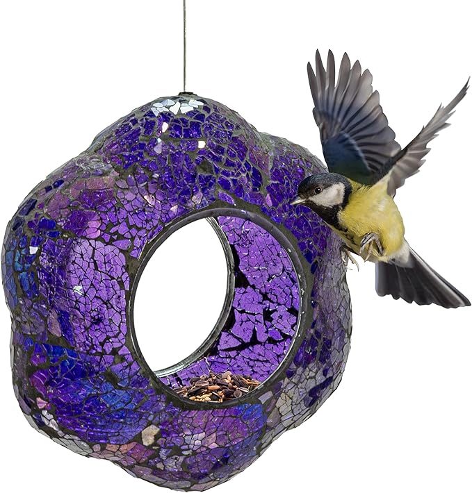Sunnydaze 10-Inch Glass Mosaic Hanging Bird Feeder for Outdoors - Fly-Through Glass Bird Feeder for Cardinals, Jays, Finches and More - Iridescent Purple Flower