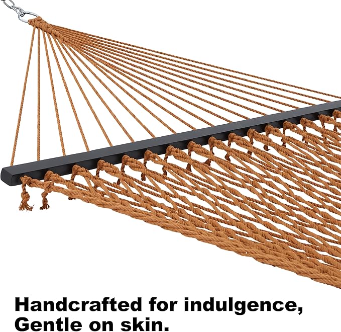 GAFETE 12ft Family Hammocks, Handwoven Traditional Cotton Rope Hammock with Hardwood Spreader Bar, Chains and Hooks for Indoor Outdoor, Max 450 lbs Capacity (Coffee Brown, Large)