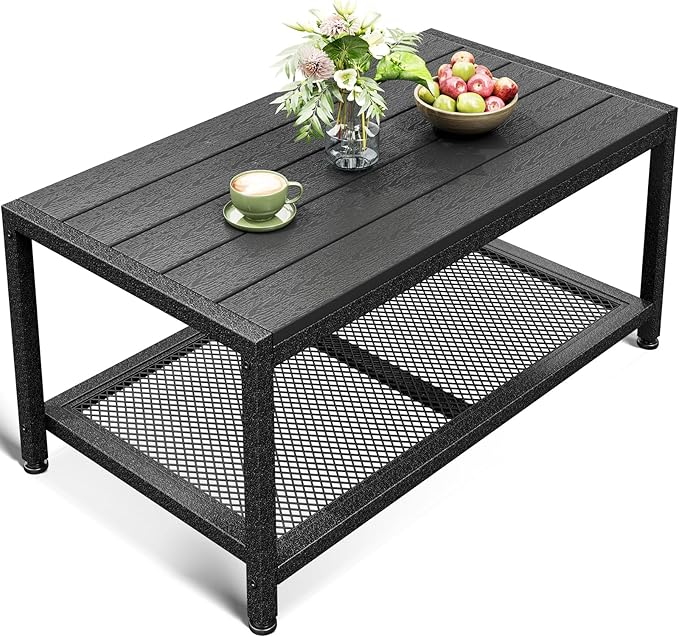ODK Outdoor Coffee Table with Double-Layer Storage, Rectangle Weather-Resistant Patio Coffee Table for Garden, Balcony, Hot Tub, Poolside, Heavy-Duty Metal Frame, Black