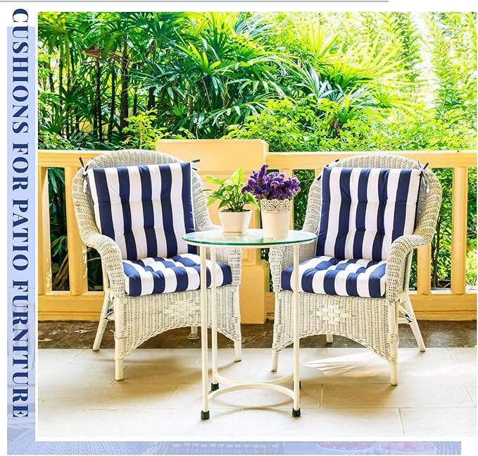 Marsui 4 Pcs Outdoor Indoor High Back Chair Cushions Patio Furniture Tufted Pillow with Ties Water-Resistant Replacement Outdoor Rocking Chair Cushions, 42 x 21 Inches (Blue White Stripes,Stripes)