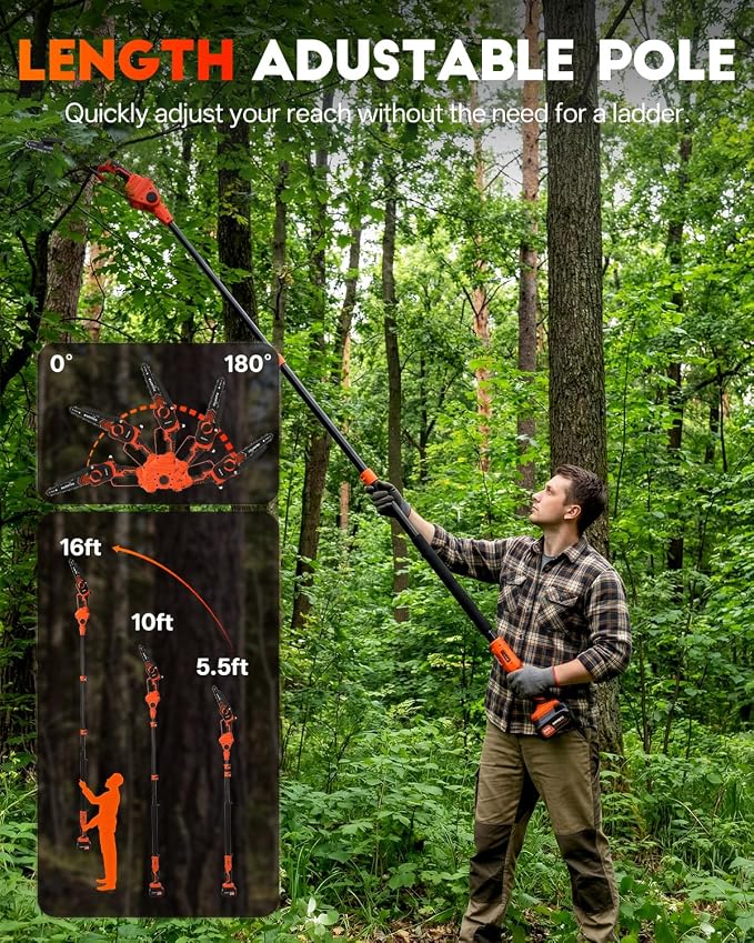 Electric Pole Saws for Tree Trimming, 2-in-1 Bruless Motor Mini Chainsaw & Pole Saw, 8-in Electric Chainsaw Cordless with Extendsion Pole, 2x4000mAh Li Batteries & Charger, 16FT Max Reach