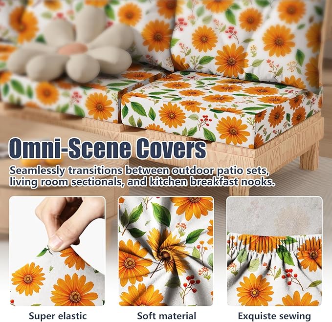 14Pcs Patio Stretch Cushion Covers, Outdoor Couch & Sofa Replacement Slipcovers for Patio Furniture Cushion Covers, Washable Reusable Furniture Protector, Square Large, Sunflower