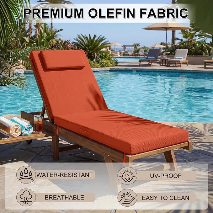 Outdoor Chaise Lounge Cushions, 72x21 Inch Olefin Water & Fade Resistant Pool Lounge Chair Cushions, Patio Sun Lounger Pad with Pillow & Straps for Patio, Pool, Deck, Lawn, Orange