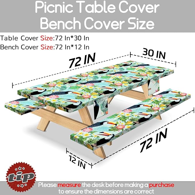 Fitted Waterproof Picnic Table Cover with Bench Covers Heavy Duty Elastic Outdoor Camping Tablecloth for 6 Foot Rectangle Tables Summer Rv Accessories Patio Garden Road Trip Essentials Gifts